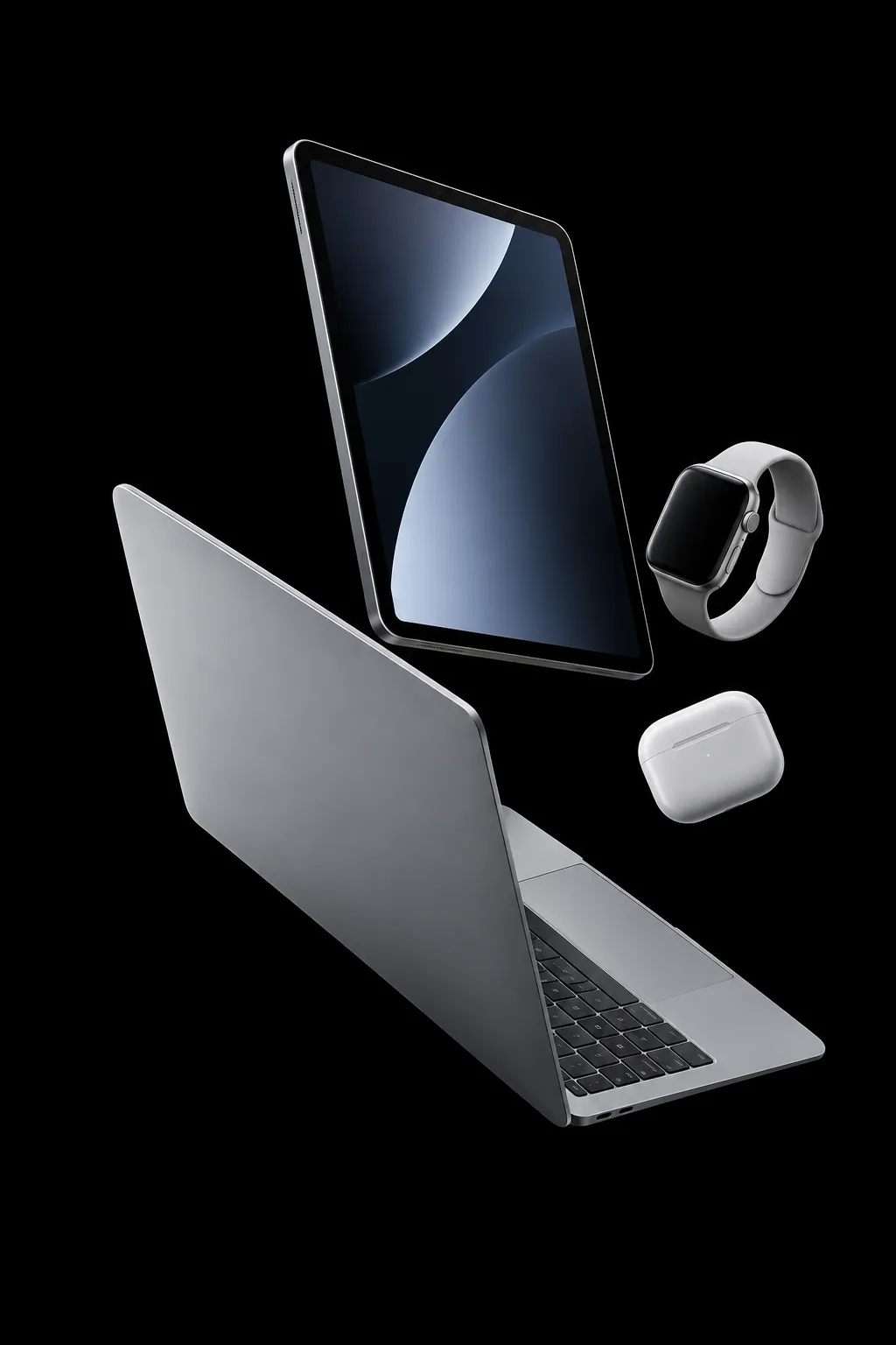 Laptop, tablet, smartwatch and earbuds floating on black