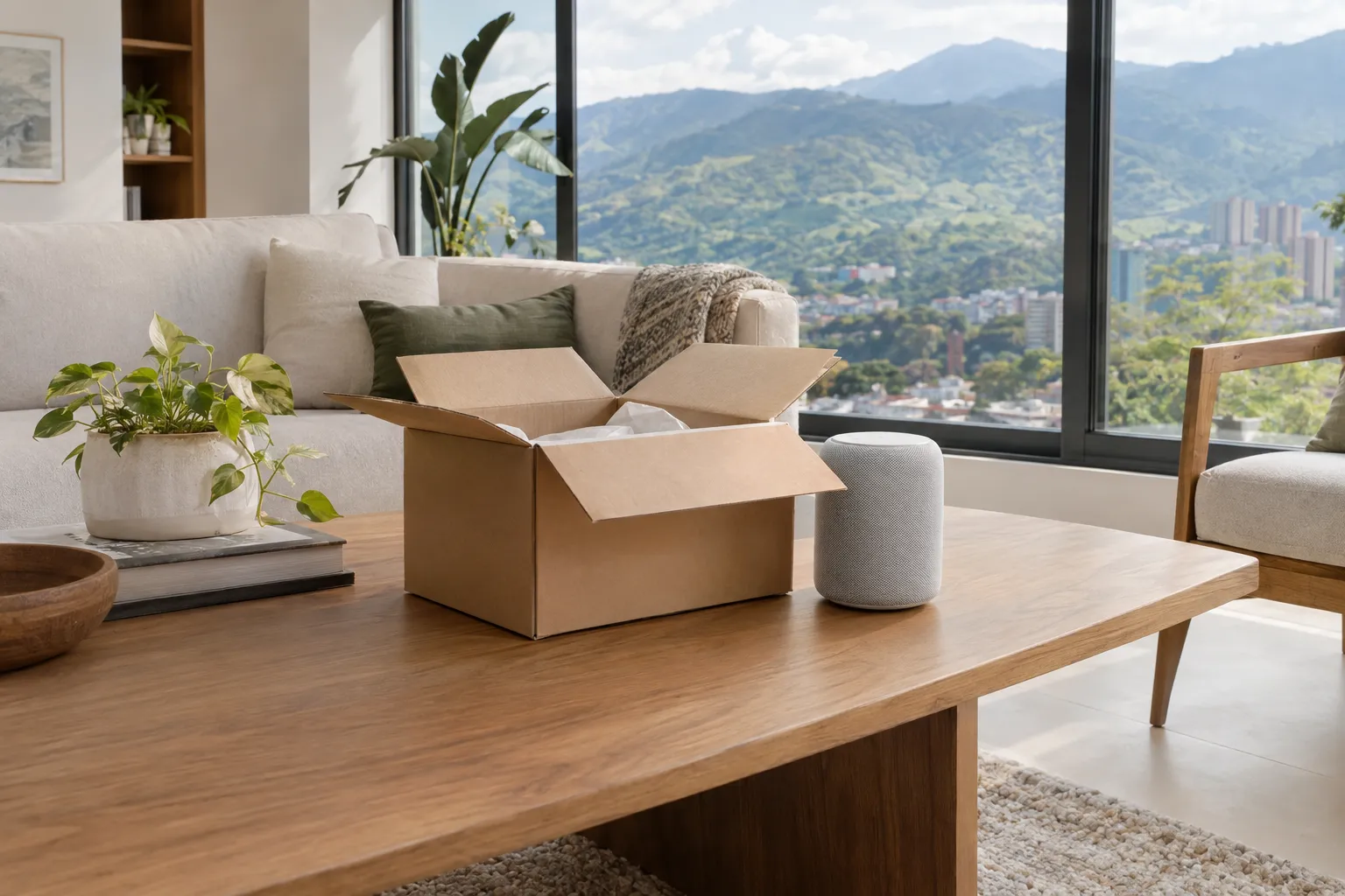 Opened delivery box in a bright apartment overlooking green mountains