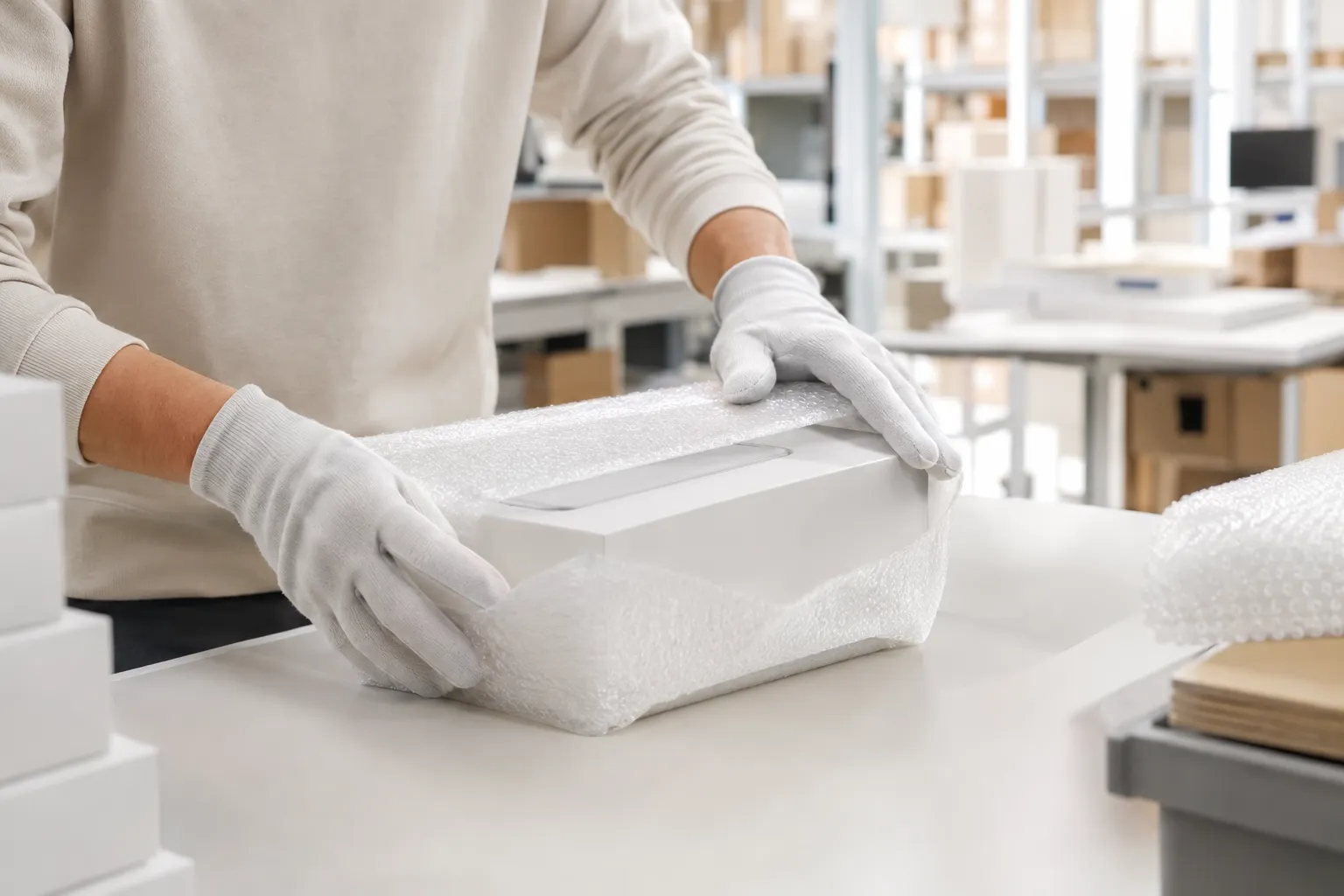 Gloved hands wrapping a box in protective packaging