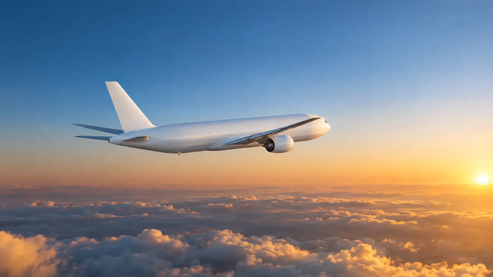 Cargo jet flying above clouds at sunset